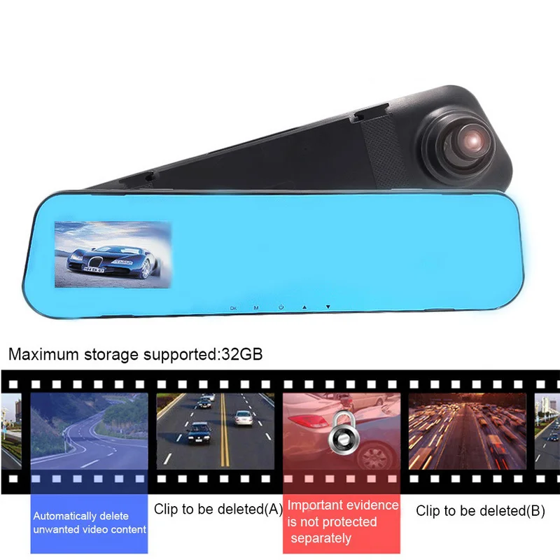

TOSPRA Dual Lens Car DVR Camera 4.3'' Full HD 1080P Mirror Rear View Video Driving Recorder Night Vision Loop Recording Dash Cam