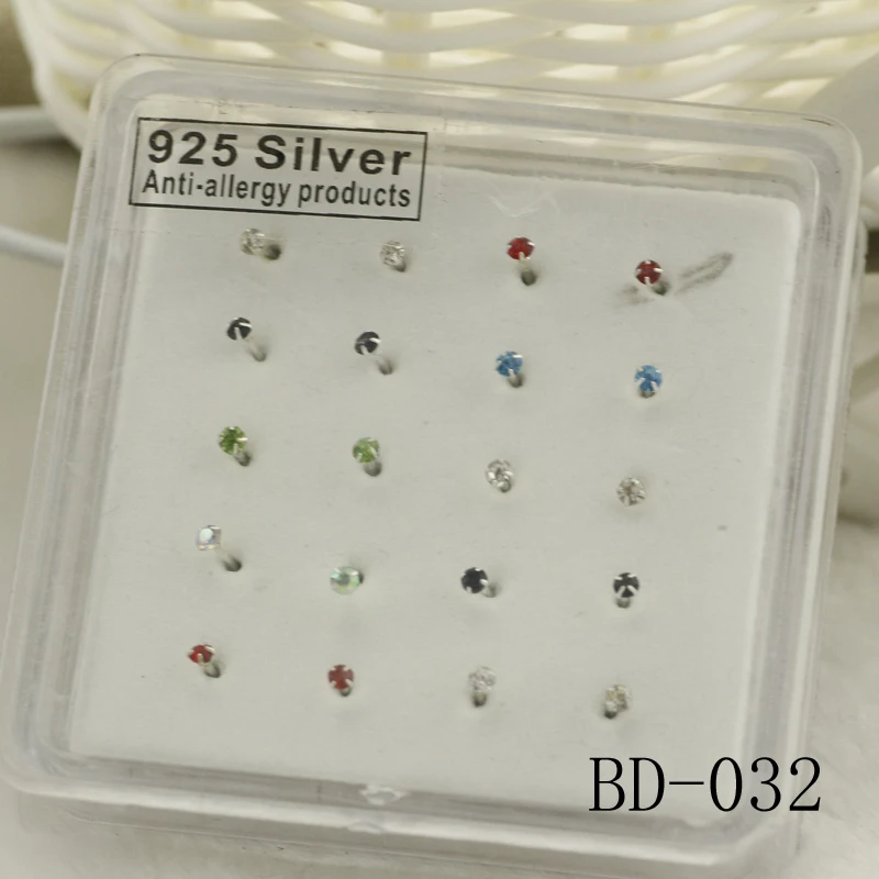 20 шт., Стерлинговое Серебро 925 пробы, четыре кристалла, шпильки для носа, Простые Модные круглые Кристальные гвозди и серебряные кольца для носа, цветные кристаллы