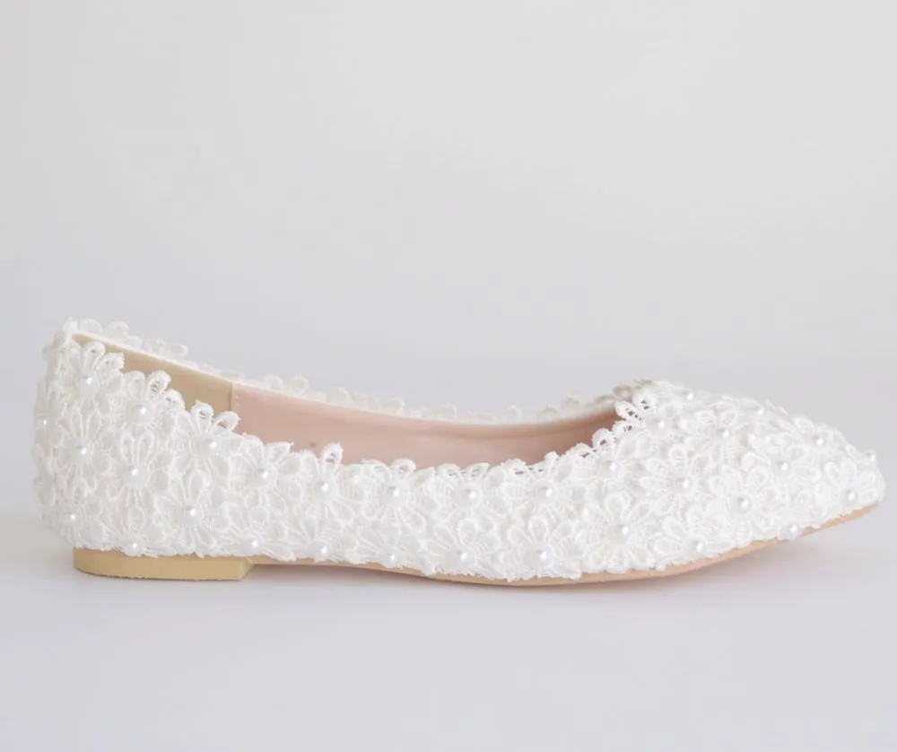 Хрустальная королева белая кружевная Цветочная Свадебная обувь женская обувь на плоской подошве круглый носок слипы дамское свадебное