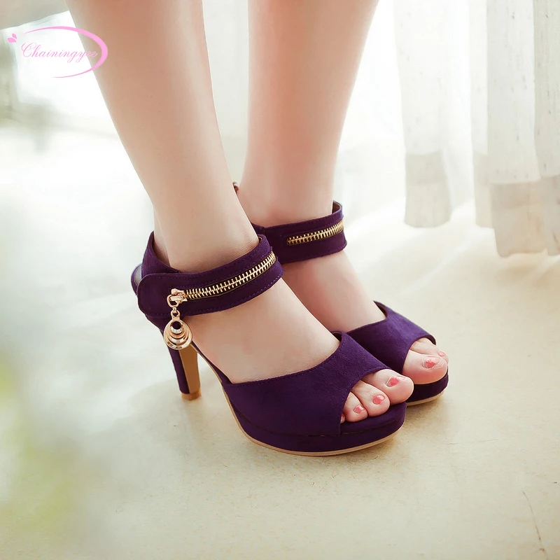 

Chainingyee party style sexy peep toe summer sandals fashion zipper decoration green blue purple black high-heeled women shoes
