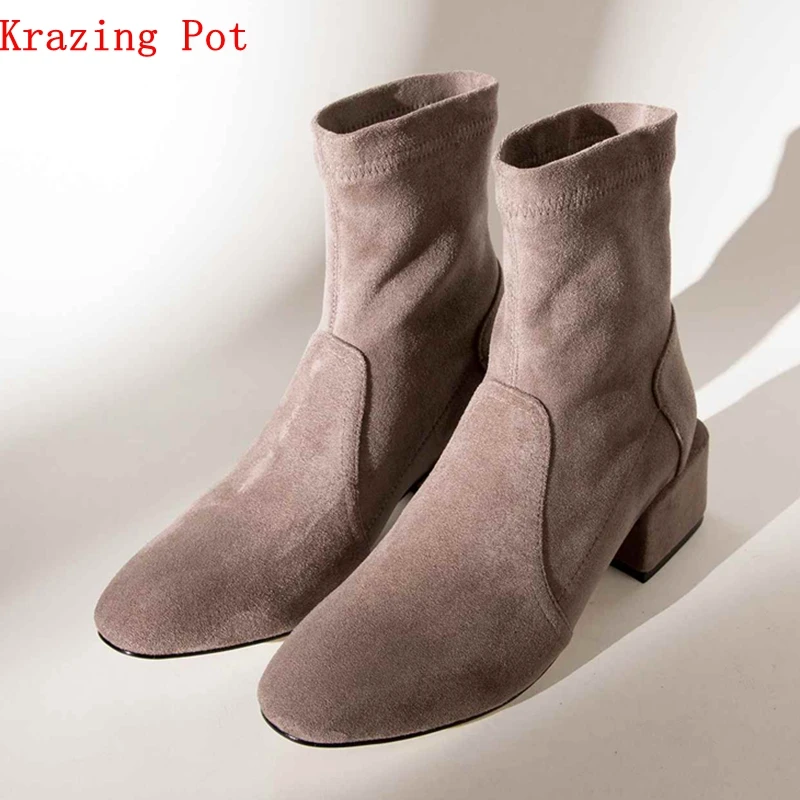

Krazing Pot recommend velvet material fashion boots handmade med heels Korean girl round to career lady stretch ankle boots L18