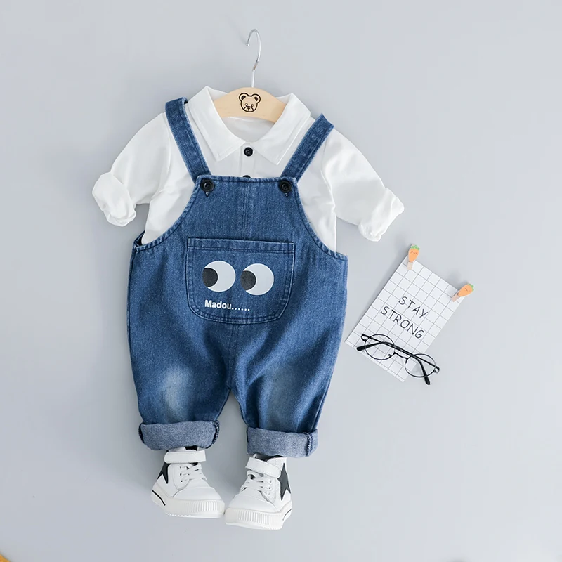 Children Clothing Boys Denim Overalls Set Cute Cartoon Eye Striped Top and Bib Jeans 2PCS Kid Boy Boys Girls Clothes