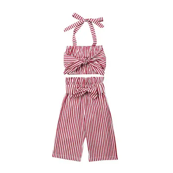 

2Pcs Toddler Baby Girl Pants Set Summer Striped Bow Crop Top High Waist Flare Pant Outfits Clothes
