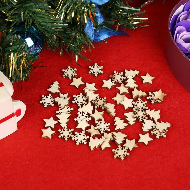 

50pcs Natural Wood Tree Snowflakes DIY Christmas Tree Hang Pendant Star Table Decor Holiday Festive New Year Decoration Supplies