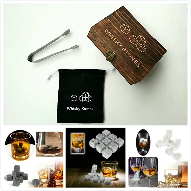 

3 colors Whiskey Stones with WORDS wooden box whisky whiskey rocks stones cube stone wood box free shipping high quality