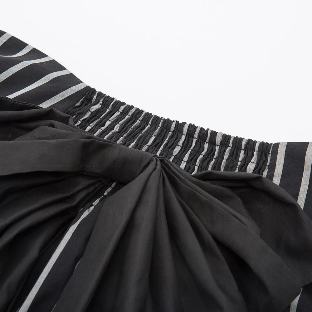 black Women Striped skirt vintage knee-length Elastic Waist Bow-Knot buttons Adjustable ruffle retro steampunk Cotton Skirt lady