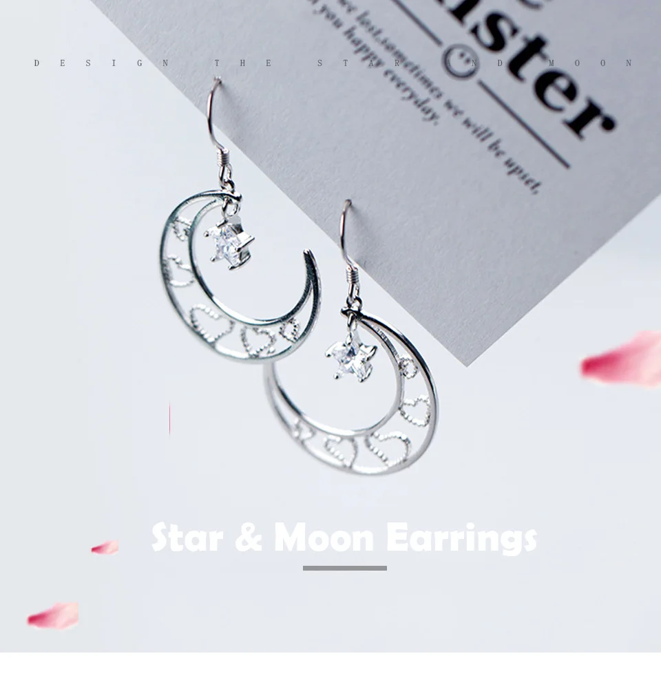 S925 Silver Moon Earrings Female Korean Hollow Romantic Love Earrings Stars Ear Fine jewelry Anniversary Gift For Girlfriends (1)