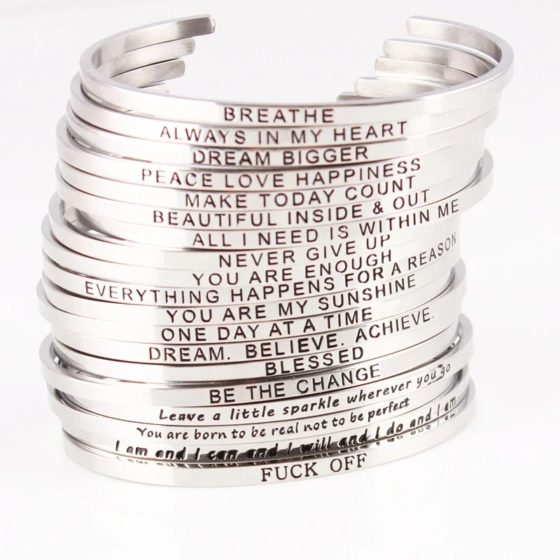 

New Arrival Stainless Steel Bangle Engraved Positive Inspirational Quote Cuff Mantra Bracelets For Women Valentine's Day Gifts