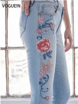 

VOGUE!N New Women Floral Embroidered Jeans Denim Trousers Casual Pencil Pants