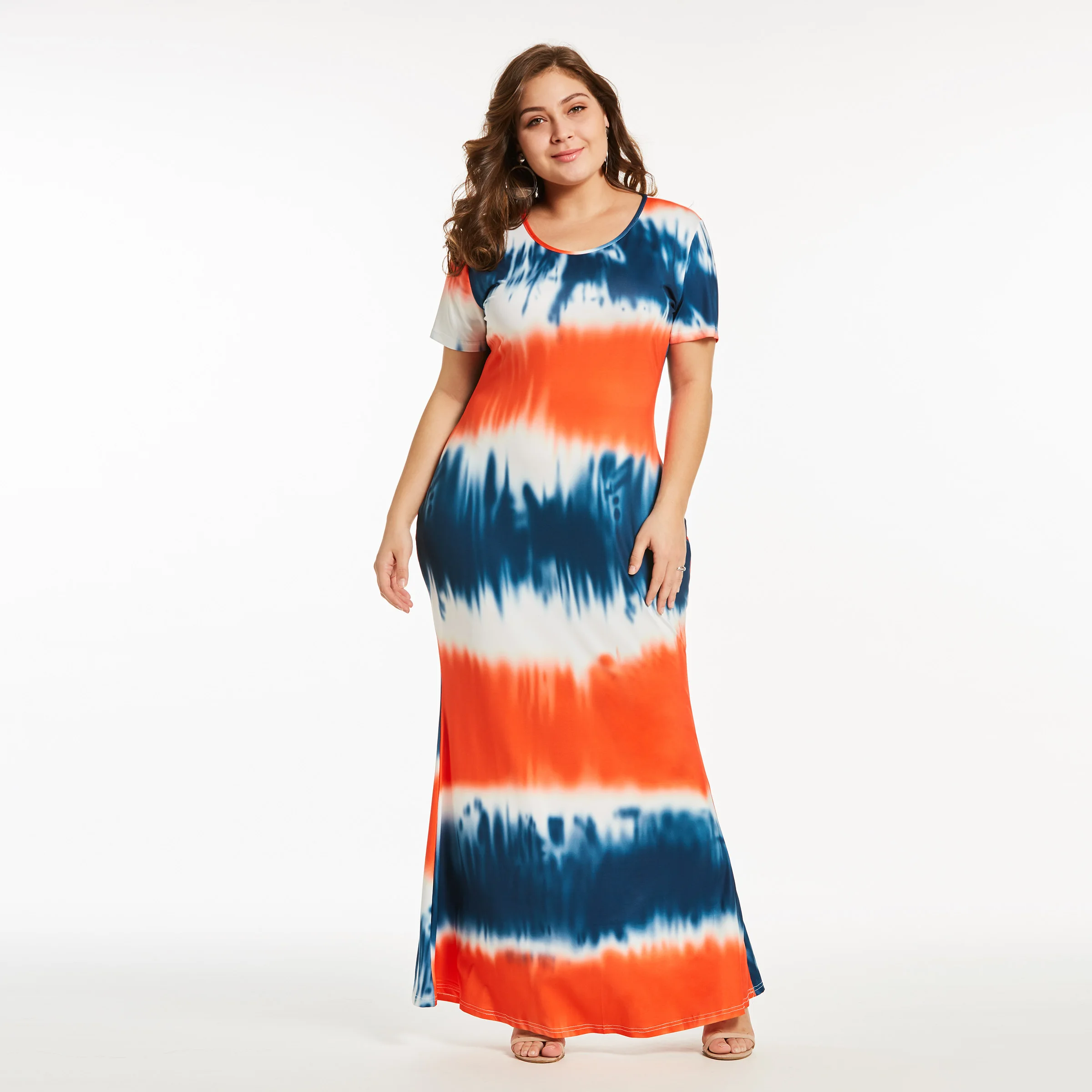 Women Plus Size Maxi Dress Geometric Short Sleeve Summer Robe Fashion