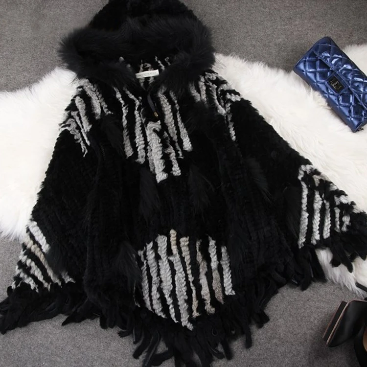 Flash Deal 2014  Real Rabbit Fur Knitted Shawl With Hood  Raccoon Fur Poncho Fur Cape  BE1438 EMS Free Shipping 0