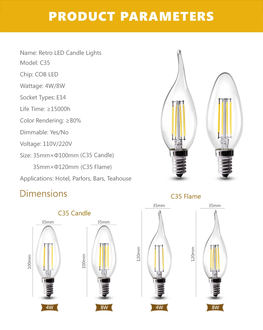 TSLEEN светодио дный лампы C35 E12 E14 220V 110V 4 Вт 8 Вт удара светодио дный свет свечи накаливания Ретро лампочка Эдисона лампа Винтаж Стиль C35 360