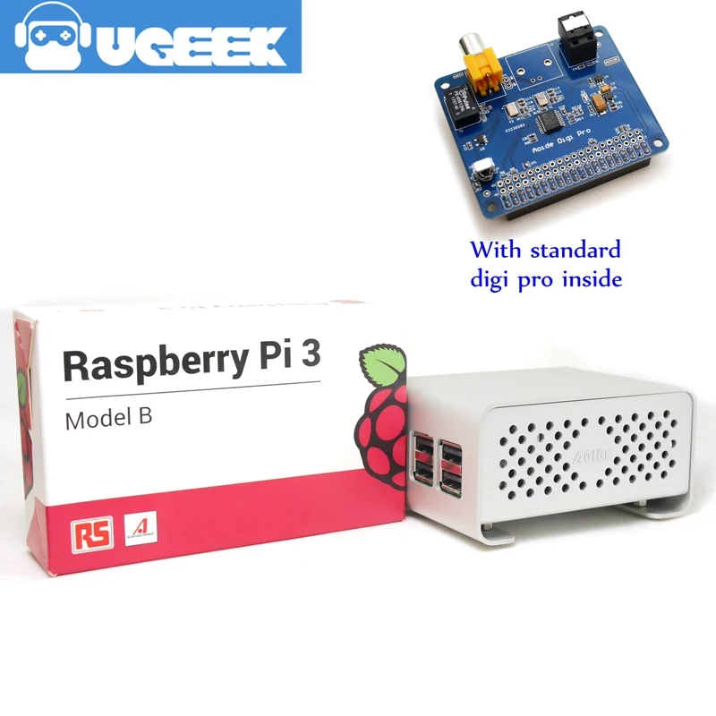 UGEEK AOIDE HIFI DiGi Pro цифровая звуковая карта+ чехол+ Raspberry Pi 3B комплект | два осциллятора | ies SPDIF Оптическое волокно | 44,1 и 48 кГц | DA101C - Комплект: Digipro3B