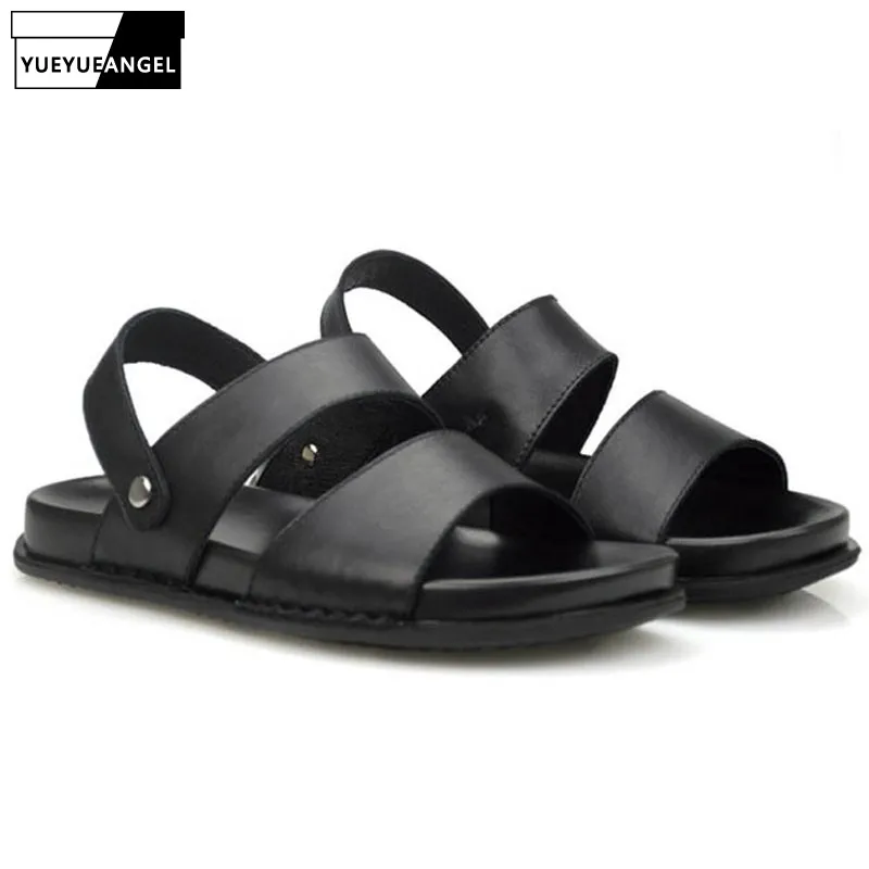 2019 Sandália Homens De Moda Alta Masculinos Tamanho Fivela Genuíno Nova Praia Grosso Couro Grande Casuais Deslizamento Inferior Em Qualidade Sapatos Black Plana rxqtrvA