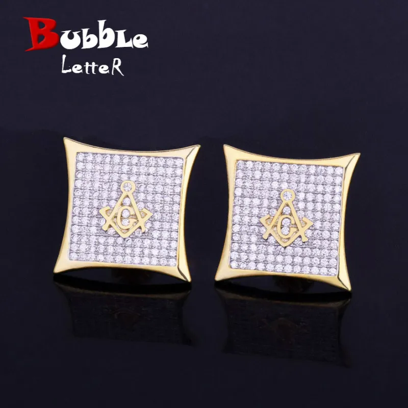 Iced Square Masonic Freemasonry Stud Earring Gold Silver
