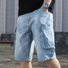 Новая мода досуг мужские рваные короткие джинсы летние шорты дышащие Рваные джинсовые шорты мужские рваные брюки синий