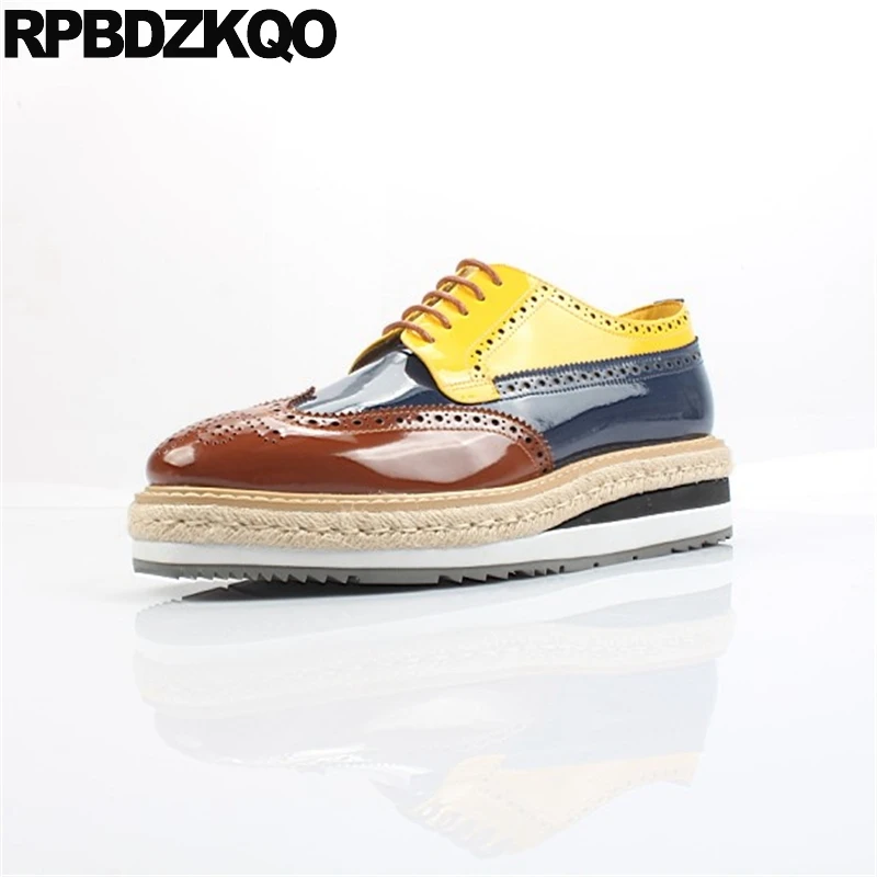 

genuine leather men shoes italian patent brand yellow wingtip cow skin creepers fashion brogue big size 11 brown oxfords Italy