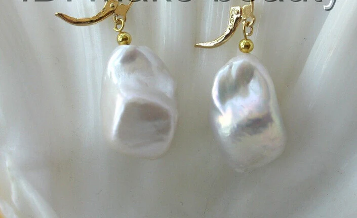 

Free shipping@@@@@ big 25mm baroque white reborn keshi freshwater pearl dangle earrings 14K h1119 6.09
