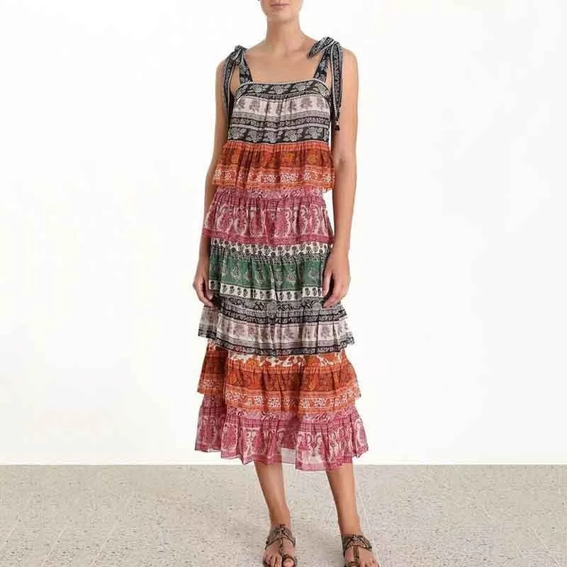 

[YaLee] New Fashion 2019 Summer Contrast Color Multi-layer Ruffles Printed Straplesss Lace-up Bow-knot Sling Dress Women A157