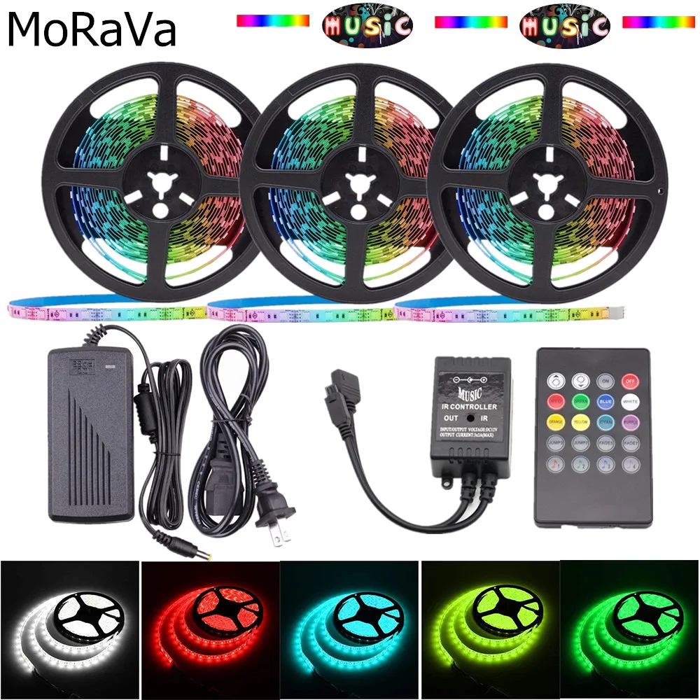 Светодиодная лента RGB для синхронизации музыки 5 м 10 м 15 м SMD 5050 12 В 150 светодиодный s водонепроницаемая гибкая светодиодная лента светильник+ музыкальный контроллер+ адаптер питания