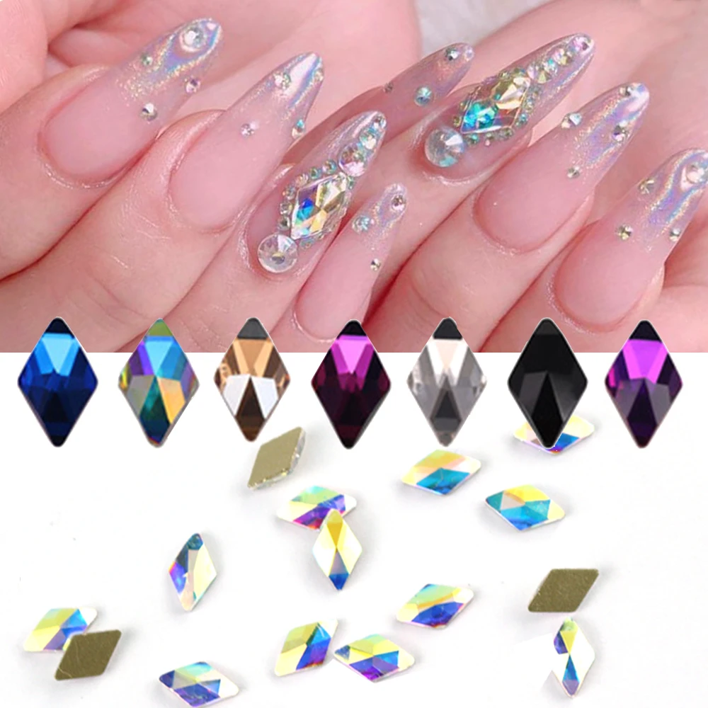 

10pcs Crystal AB Rhombus Nail Art Decorations Glass Flat Back 3D Diamond 6X10mm Paillette Nail Glitter Rhinestones