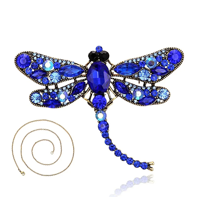 Винтажное Кристальное ожерелье стрекоза для женщин, заколки для воротника, Подвеска стрекоза, ювелирные аксессуары, эмаль, длинное ожерелье, цепочка - Окраска металла: Blue