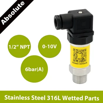 

0 10V pressure transducer sensor, 1 2 in NPT thread, 12 30V supply, 600KPa 6bar absolute, air water oil, AISI 316L wetted parts