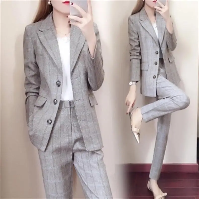 

spring and autumn New Korean Plaid suit suit female ladies fashion Slim trousers casual Women Pant Suits 2 piece set women
