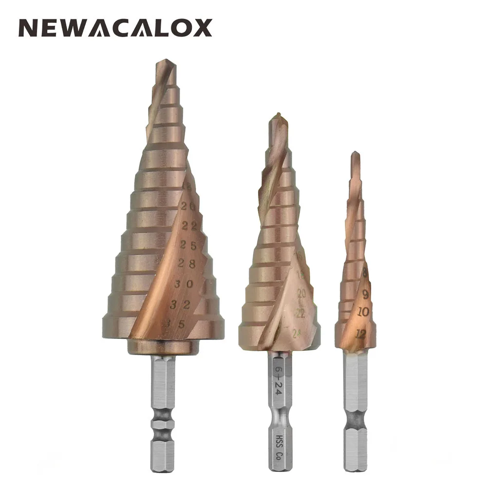 Goedkoop NEWACALOX M35 3 35 HSS Hoge Hardheid Co Laddertje Boor driehoekige Hoge snelheid Staal Spiraal Voor Metalen Kegel Boor Set gat