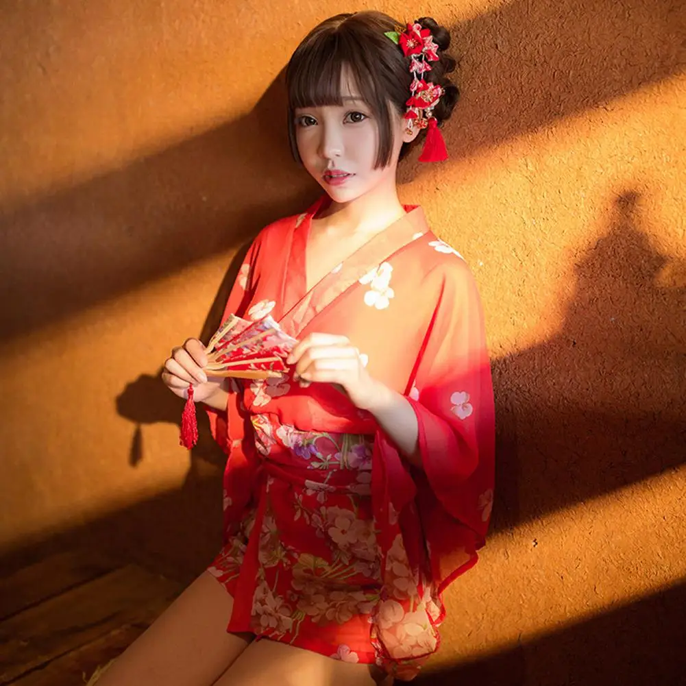 

Yfashion Women Sexy Vintage Japanese Kimono Robe Sleepwear Retro Style See Through Lace Chiffon Printing Kimono + Belt +T Pants