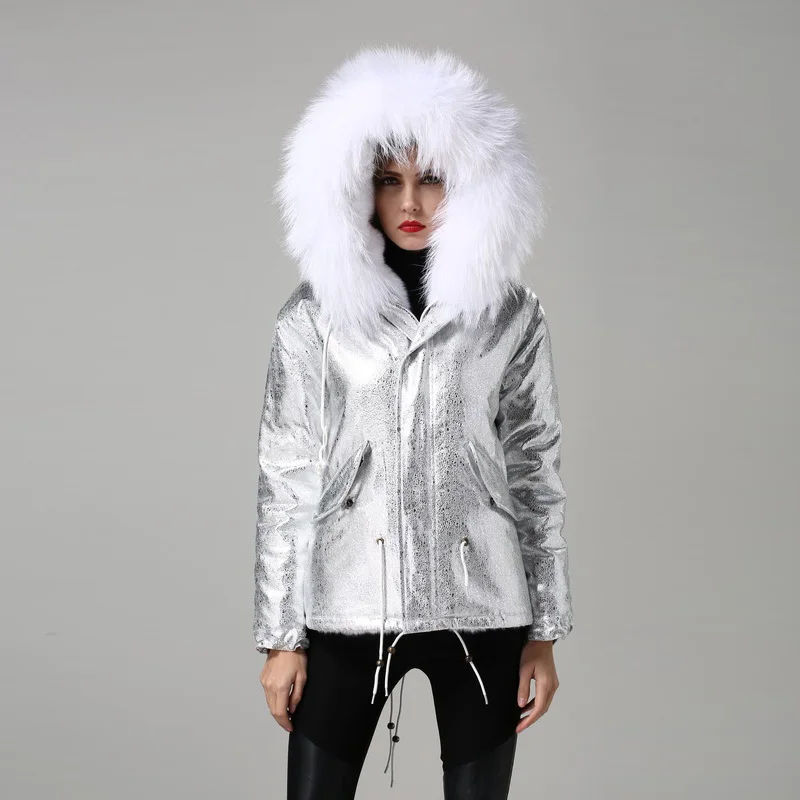 Women Fur Hooded Parka Padded Eal Fur Parka Silver Foil White Faux Fur