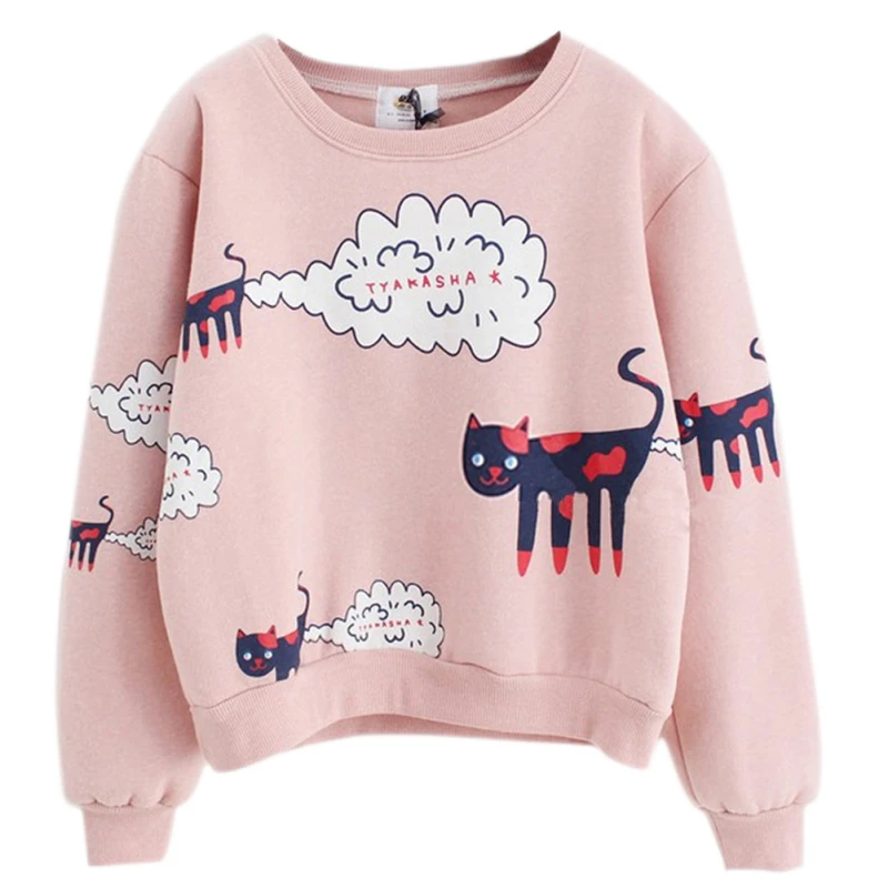 

Autumn Hoodies Sweatshirts Cartoon Print Cat Women Pullover Sweatshirt Casual Female Long Sleeve Sweatshirt Tops