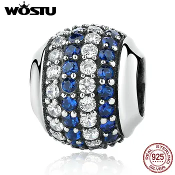 

100% 925 Sterling Silver Pave Lights Blue & Clear CZ Charm Beads Fit Original WST Bracelet Authentic Fine Jewelry