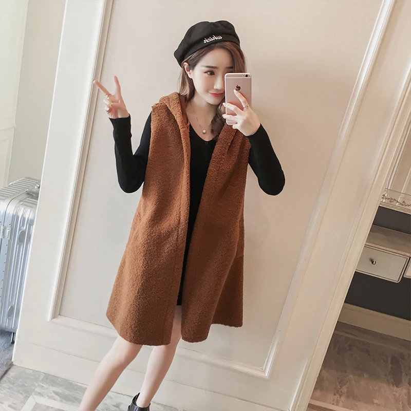 

5603# Lamb Maternity Waistcoat with Hooded Large Size Slim Waist Vest Coats for Pregnant Women Autumn Winter Pregnancy Outwear