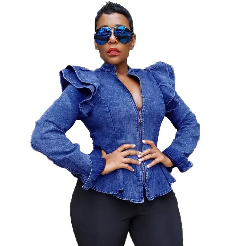 astounding Plus Size Cropped Jeans Jacket Women Autumn Long Sleeve Ruched Zipper Vintage Bomber Jacket Short B
