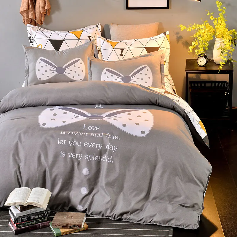 

Gray Bow Pattern Alphabetic Pattern Home Textile 3/4pcs Bedding Sets Children'S Bed Linen Duvet Cover Bed Sheet Pillowcase Soft