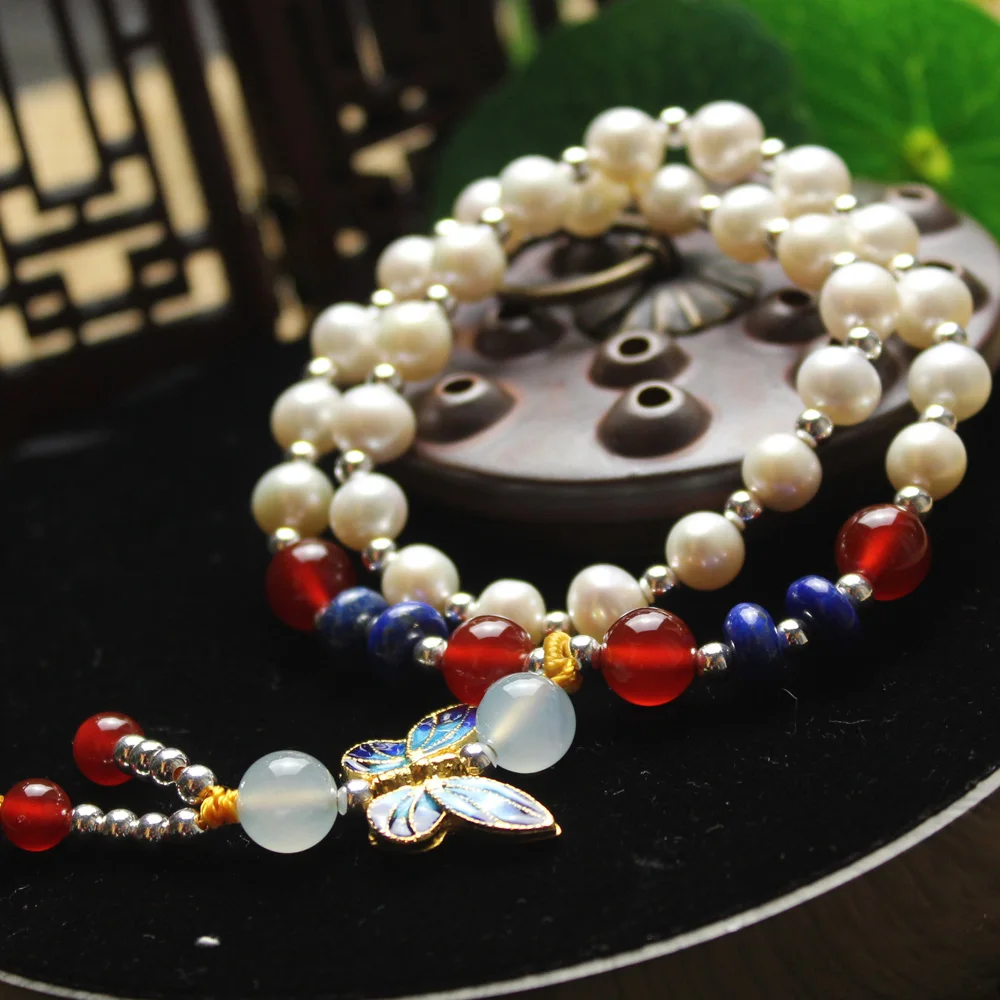 

Konduki Silver 925 Jewelry 8mm White Natural Pearls Stones Enamel Butterfly 32cm Charm Bracelets & Bangles Jewelry Wholesale