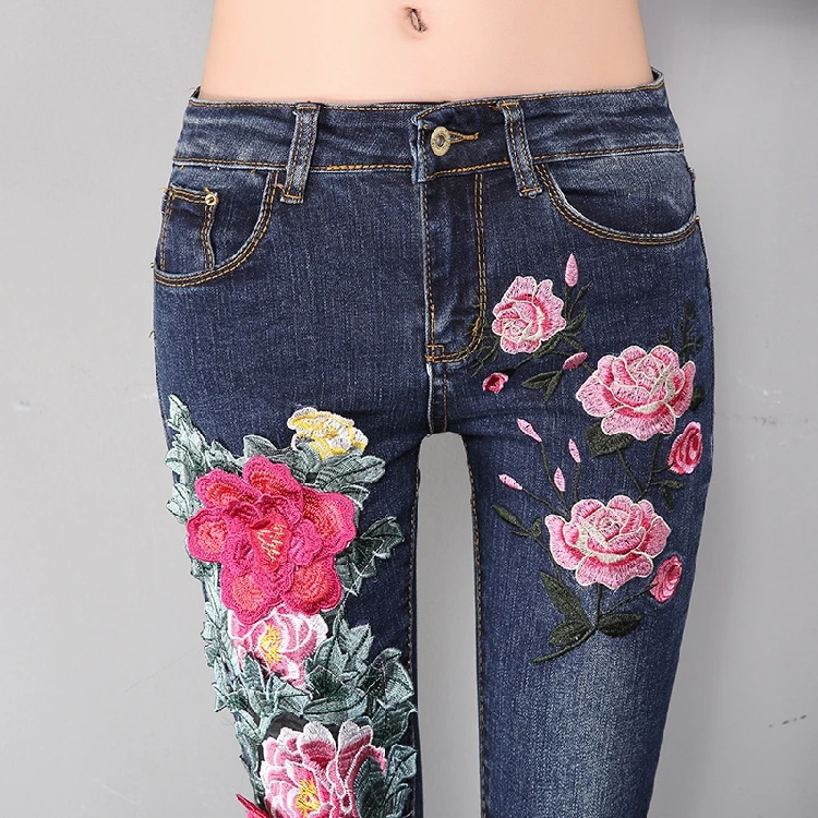 Women Flower Embroidery Jeans Peony Floral Embroidered Denim Pants Skinny Jeans Plus Size Jeans Stretch Slim Pencil Trousers Women Flower Embroidery Jeans Peony Floral Embroidered Denim Pants Skinny Jeans Plus Size Jeans Stretch Slim Pencil Trousers