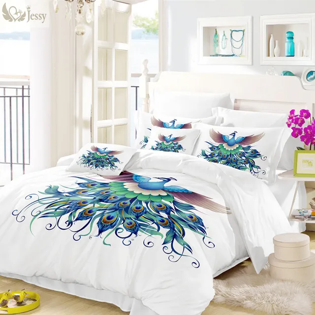Colorful Feather Duvet Cover Set Animal Blue Pea Print Bedding Colorful Feather Duvet Cover Set Animal Blue Pea Print Bedding Twin Full Queen King Bed
