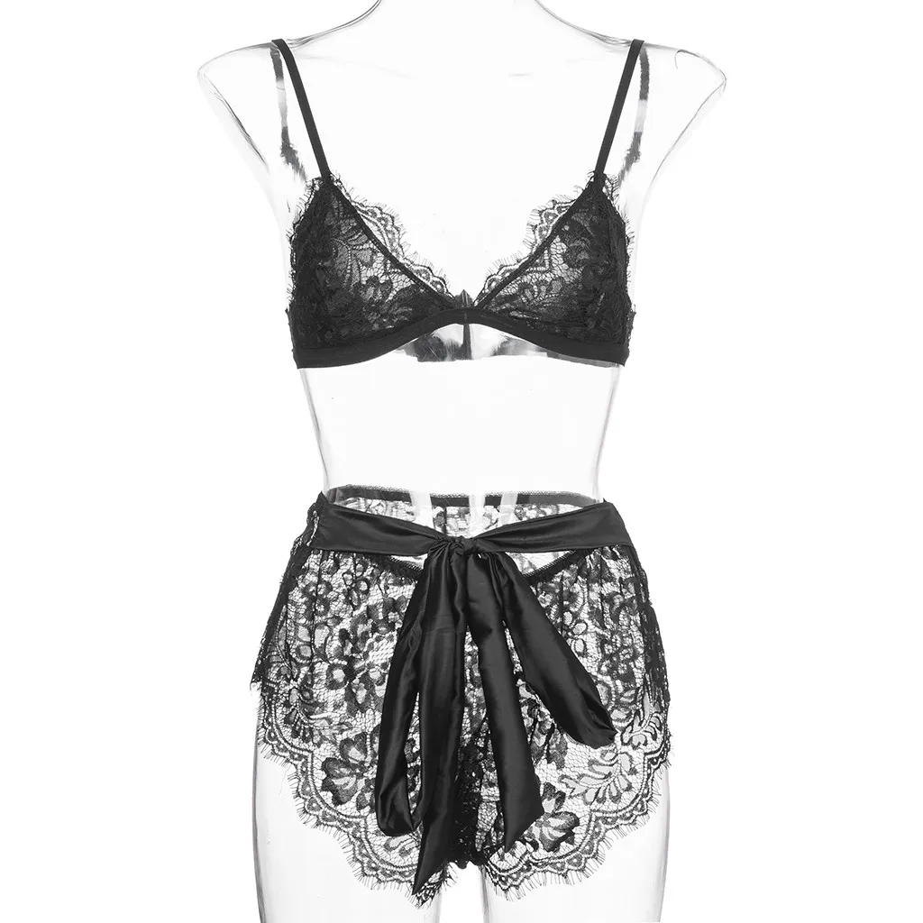 Пикантные черные основы твердого Sheer Eyelash Lace Cami Top и атласные шорты PJ Set Лето Повседневное Для женщин Ночная рубашка; одежда для сна # P40