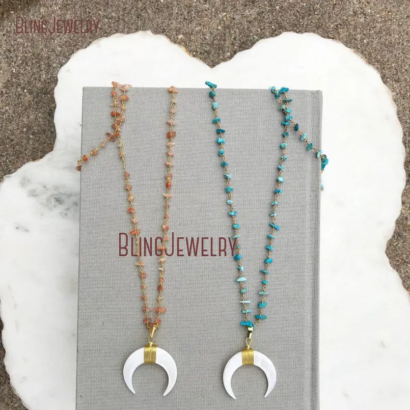 

Crescent Moon Necklace White Shell Crescent Necklace Sunstones Turquoises Rosary Beaded White Double Horn Necklace NM26687