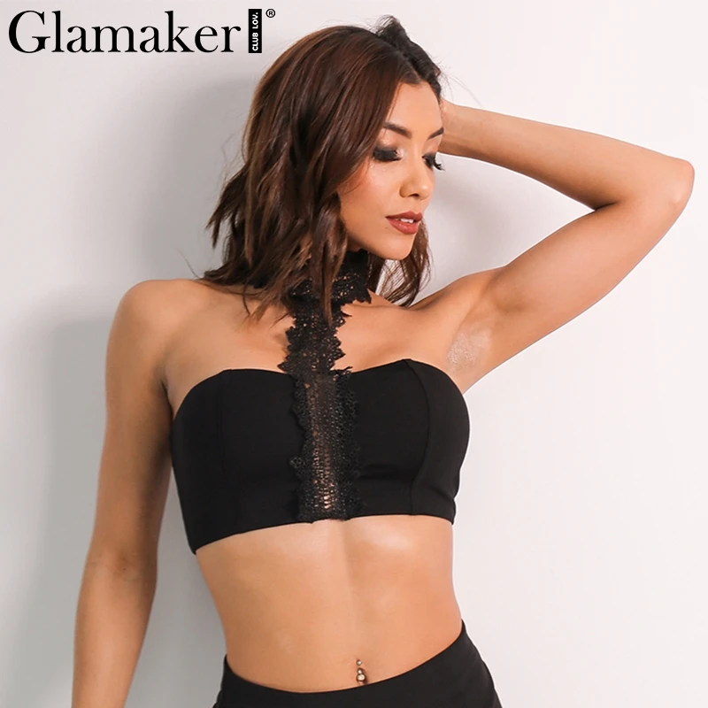 Женский кружевной топ на бретельках Glamaker черный женский короткий без рукавов с
