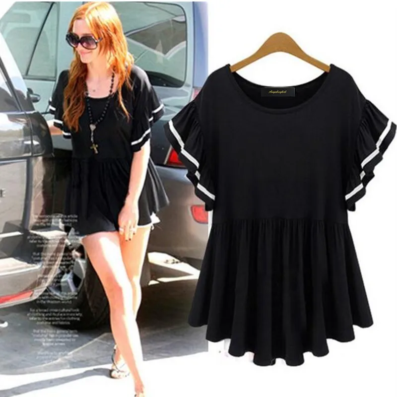 

Plus size women clothing,2019 Summer knitted cotton shirt tops,ruffles batwing sleeve shirts,black gray white XS-5XL 6XL