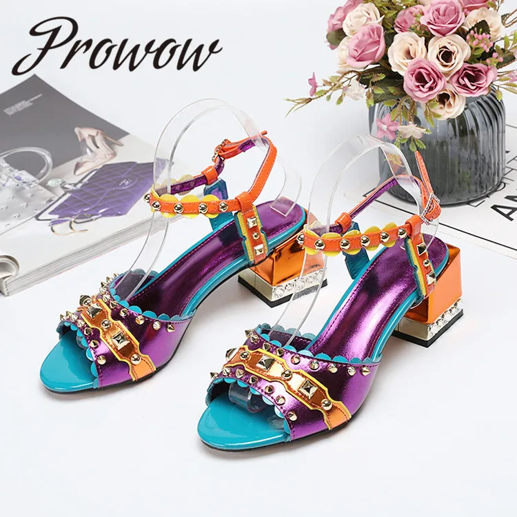 Prowow/Новые Летние босоножки из натуральной кожи с металлическими шипами; босоножки на высоком каблуке с открытым носком и кристаллами; женская обувь