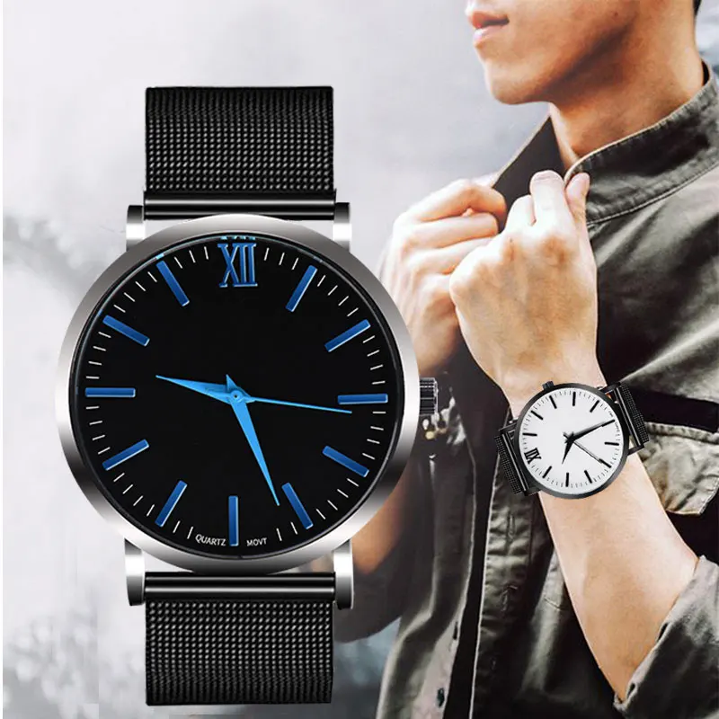 

Men Quartz Wrist Watch with Mesh Strap Big Dial Roman Scale Casual Watches LXH