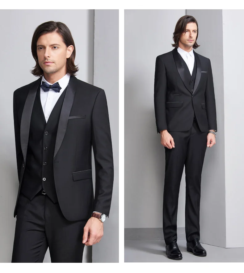 Высокое качество Свадебные костюмы для мужчин 2018 черные костюмы комплект 3 шт. формальный одна кнопка мужские пиджак с брюками
