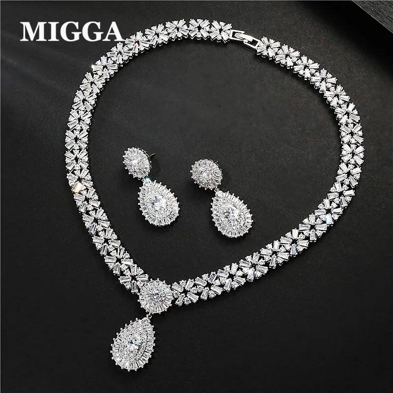 

MIGGA 4 Colors CZ Stone Cubic Zircon Jewelry Set for Bride Wedding Luxury Crystal Water Drop Earrings Necklace
