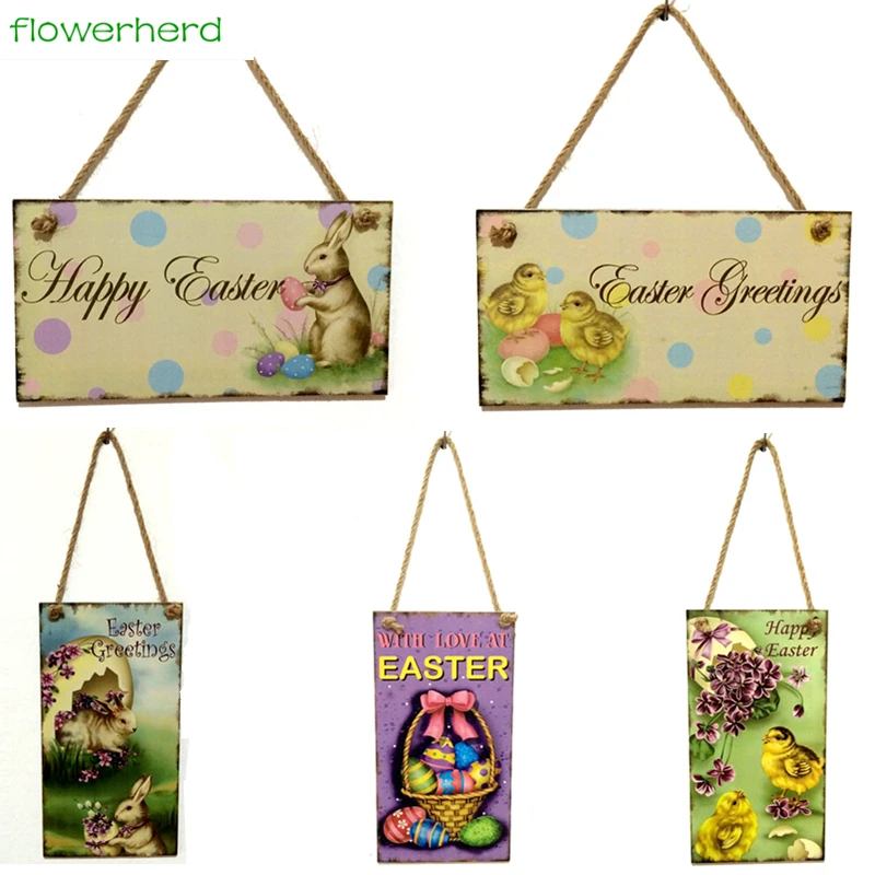 1pc Wooden Easter Rabbit Chicks Eggs Pattern Greeting Sign Door