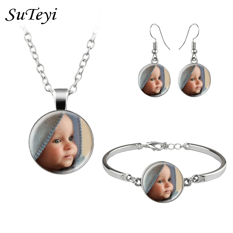 

Personalized Photo Necklace Bracelet Earring Custom Photo Of Your Baby Child Mom Dad Grandparent Loved Family Gift Jewelry Set