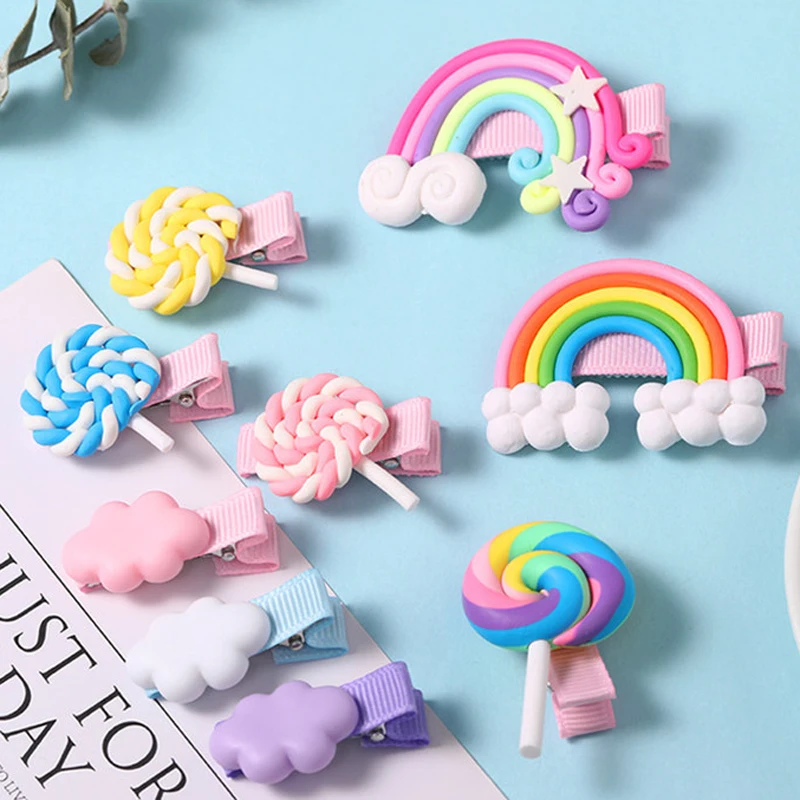 

New Arrivals Kids Hair Accessories Headwear Cloud Shape Lollipop Hairpins Headdress Cartoon Colorful Rainbow Hair Clip for Girls